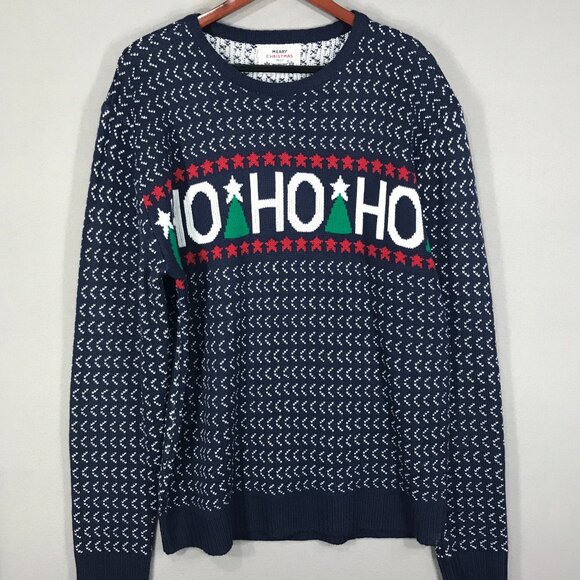 Daisys Boutique Sweater Men's Large Blue Knit Pullover Crew Christmas Ho Ho Ho - Picture 1 of 13